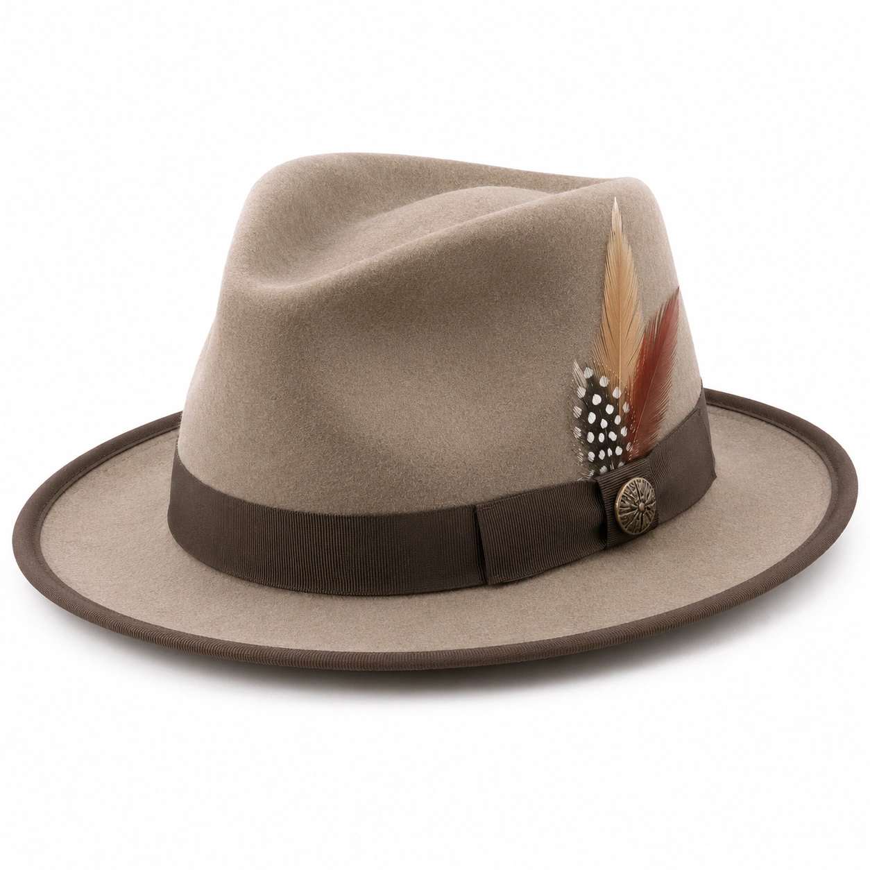 Chapeau Fedora Beige et Marron avec Plumes Décoratives-cozyverix