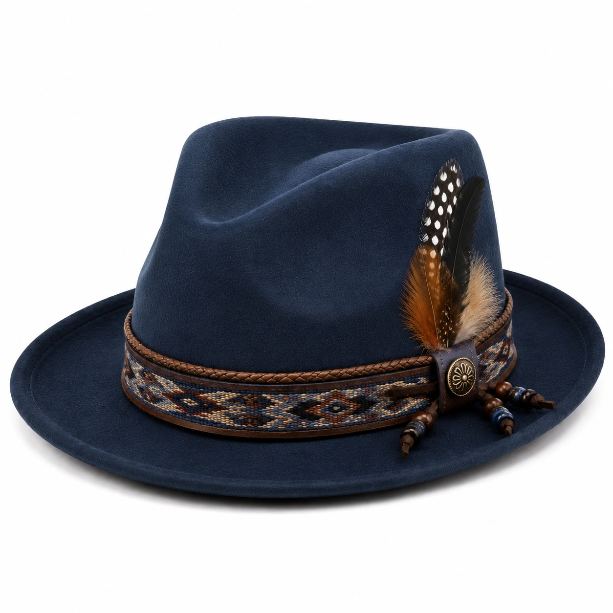 Chapeau Fedora Bleu Marine avec Plumes et Bande Tissée-cozyverix