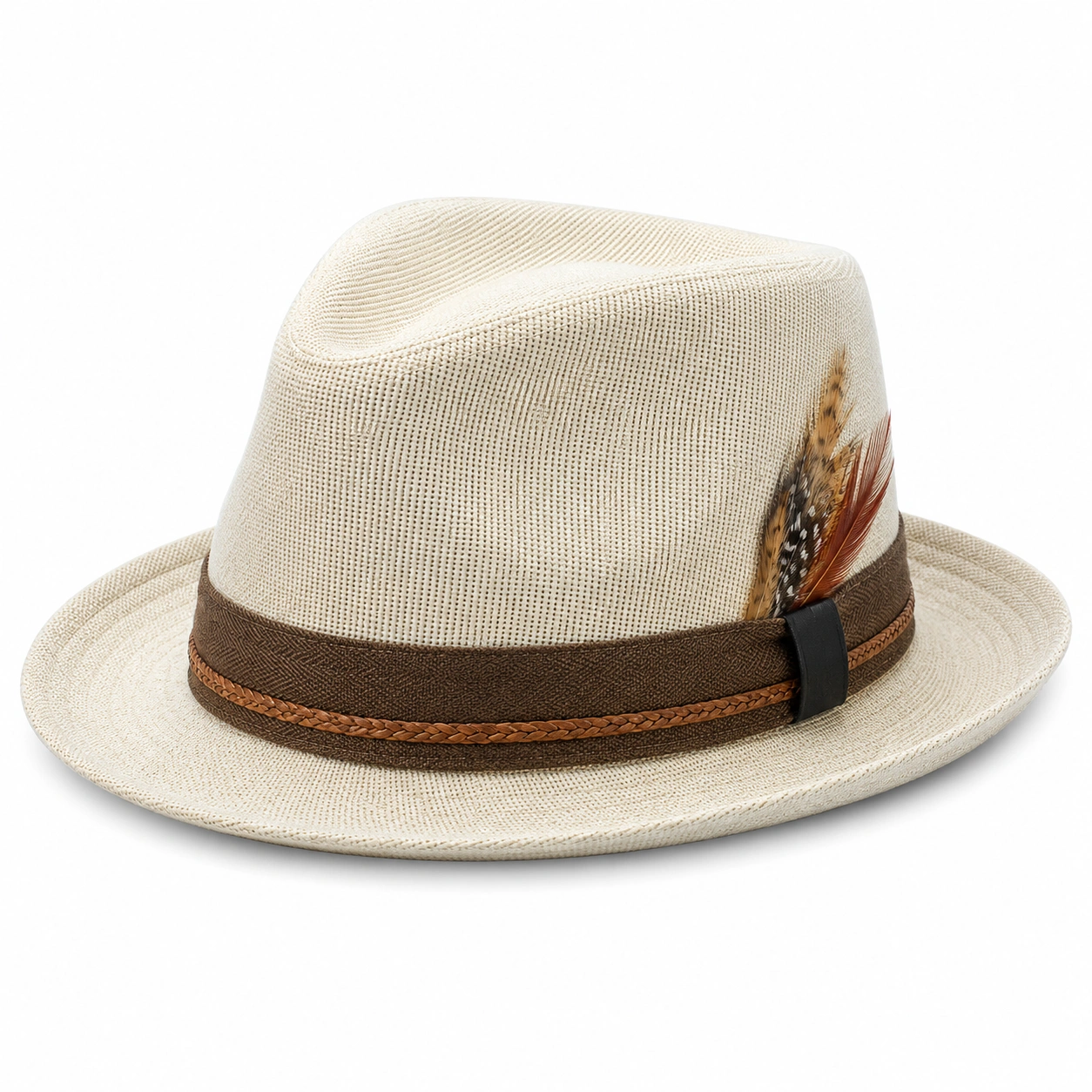 Chapeau Fedora Beige avec Bandeau Marron et Plume Élégante-cozyverix