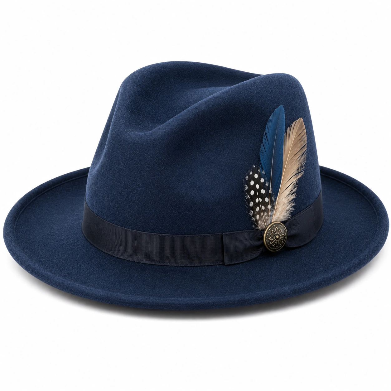 Chapeau Fedora bleu avec plumes décoratives-cozyverix