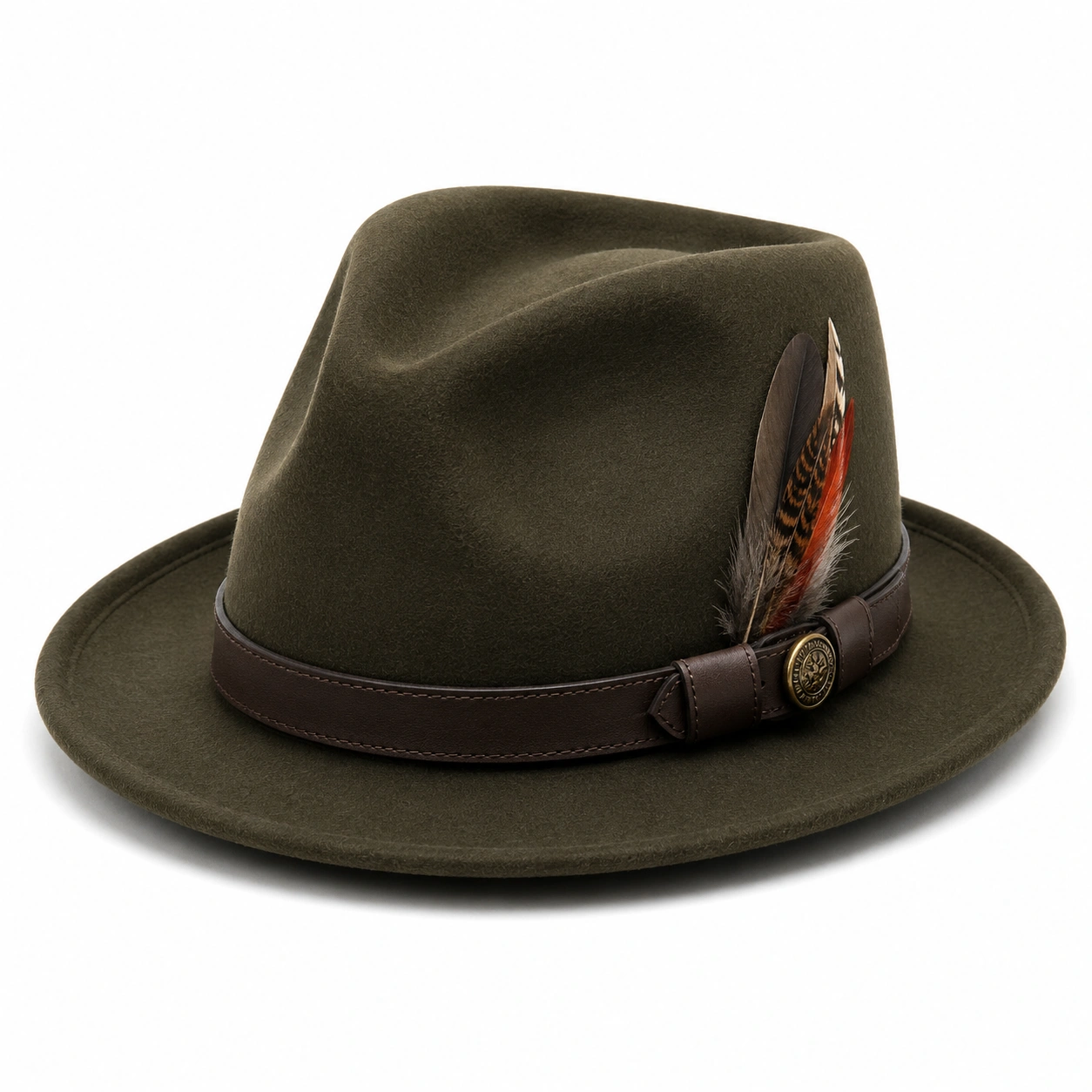 Chapeau Fedora Vert Olive avec Plume-cozyverix