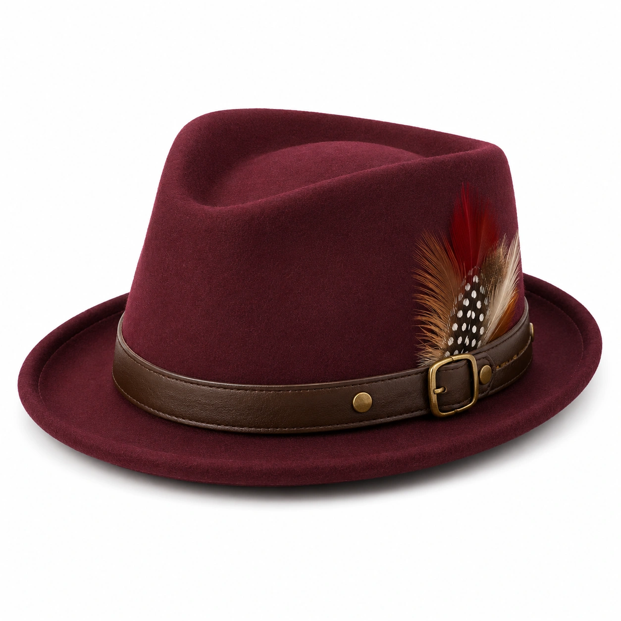 Chapeau Fedora bordeaux avec plume décorative-cozyverix