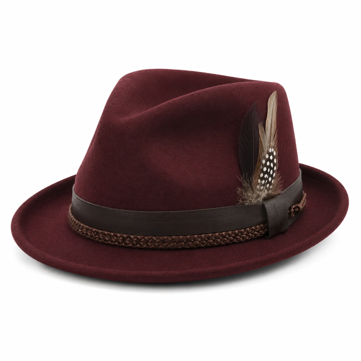 Chapeau Fedora Bordeaux avec Bande Marron et Plume-cozyverix