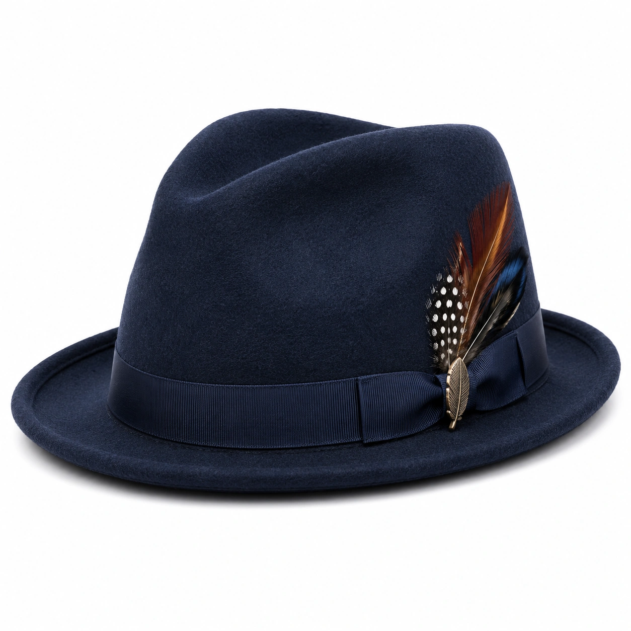 Chapeau Fedora Bleu Marine avec Plume Élégante-cozyverix