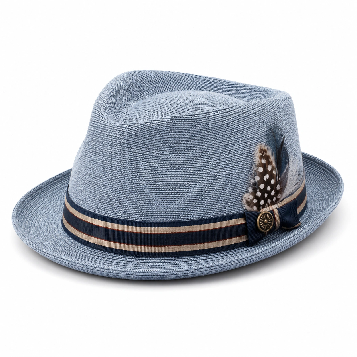 Chapeau Fedora Bleu avec Ruban à Rayures et Plume Décorative-cozyverix