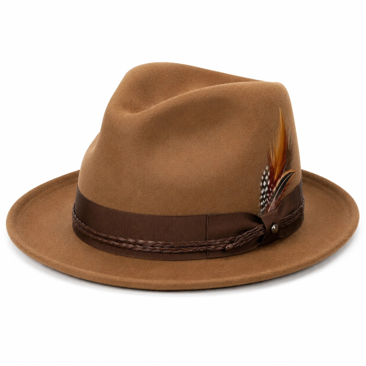 Chapeau Fedora Marron avec Plumes et Ruban Tressé-cozyverix