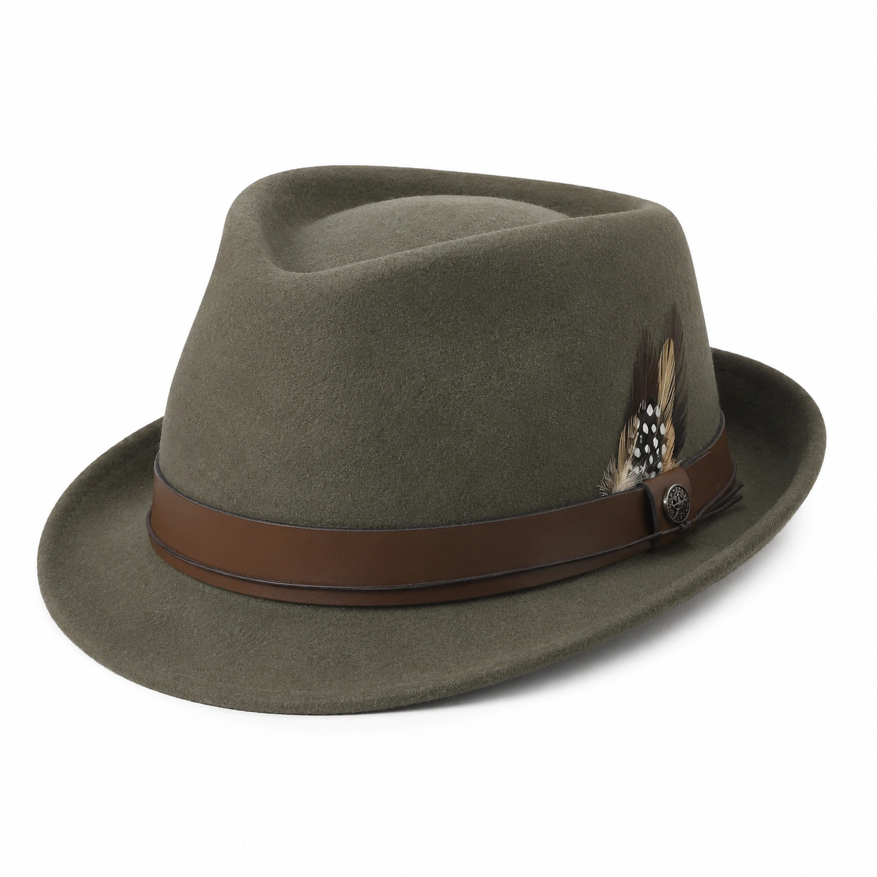 Chapeau Fedora Vert Olive avec Bande en Cuir et Plume-cozyverix