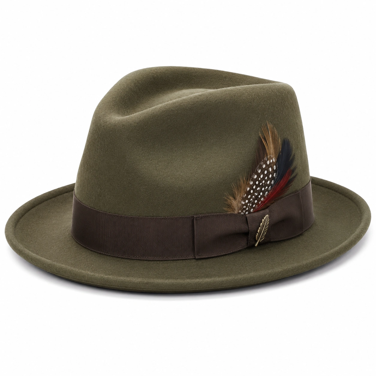Chapeau Fedora Vert Olive avec Plume Décorative-cozyverix