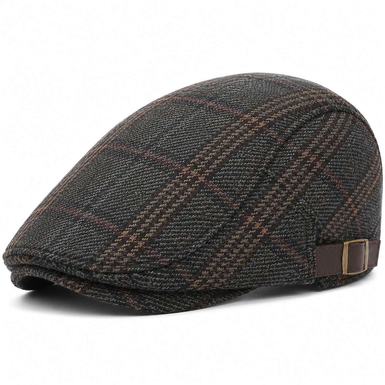 Casquette plate à carreaux marron avec boucle réglable-cozyverix