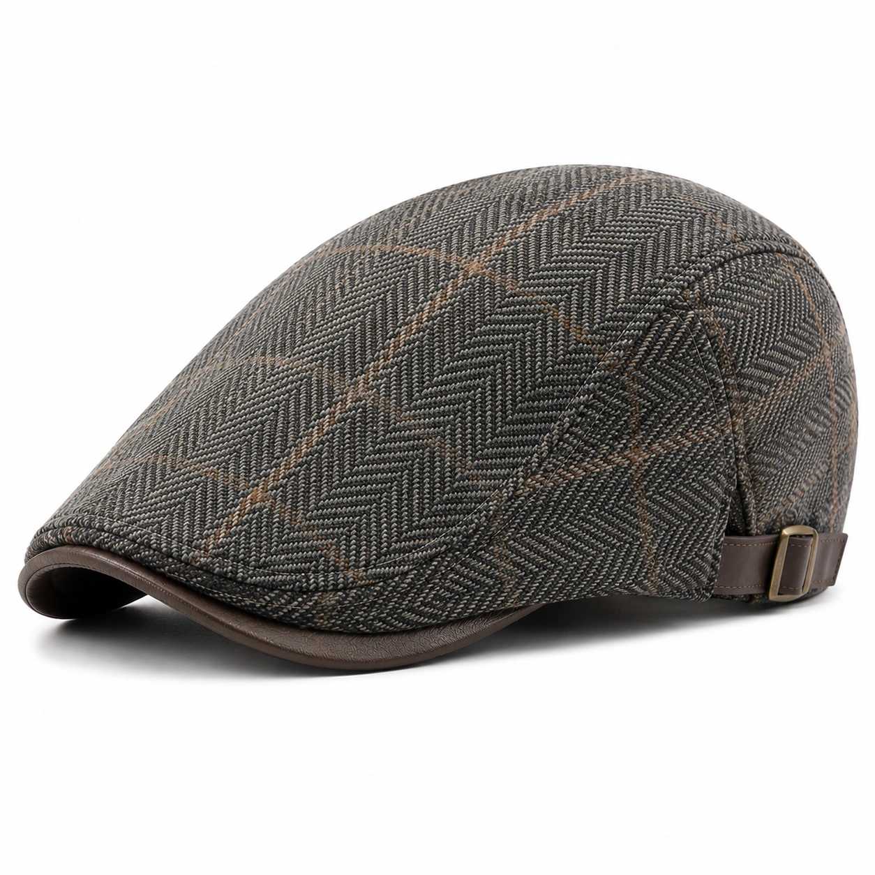 Casquette Plate Tweed Chevrons Ajustable Gris et Marron-cozyverix