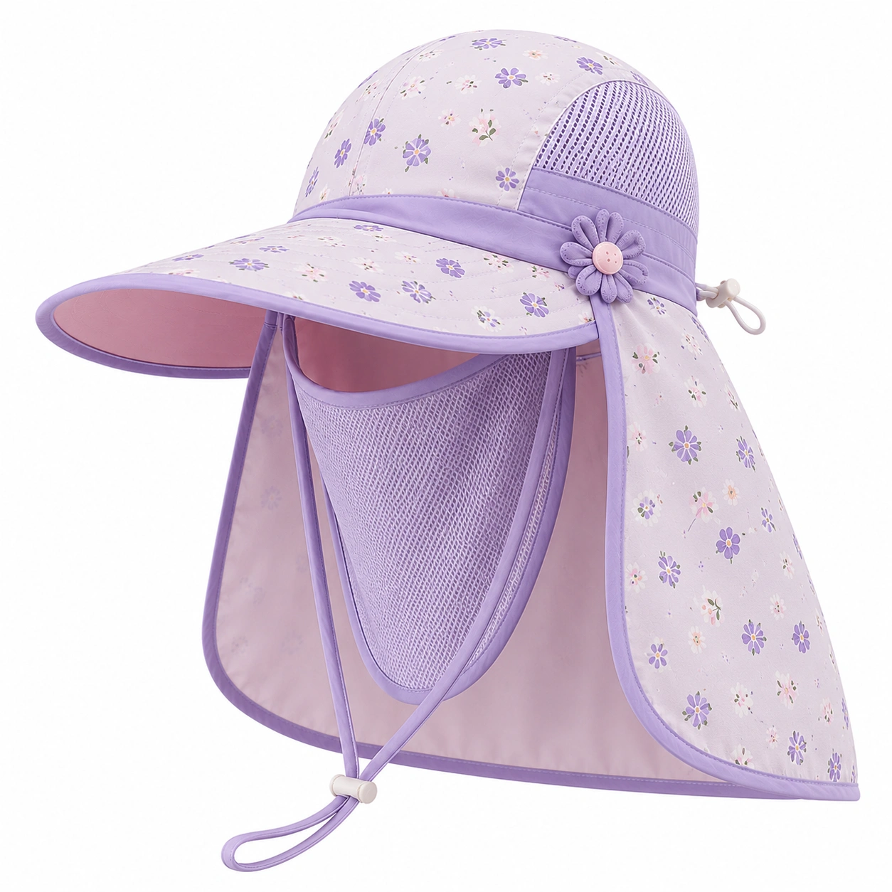 Chapeau de Soleil Anti-UV Protection Intégrale Violette à Motif Floral-ulqorvexi