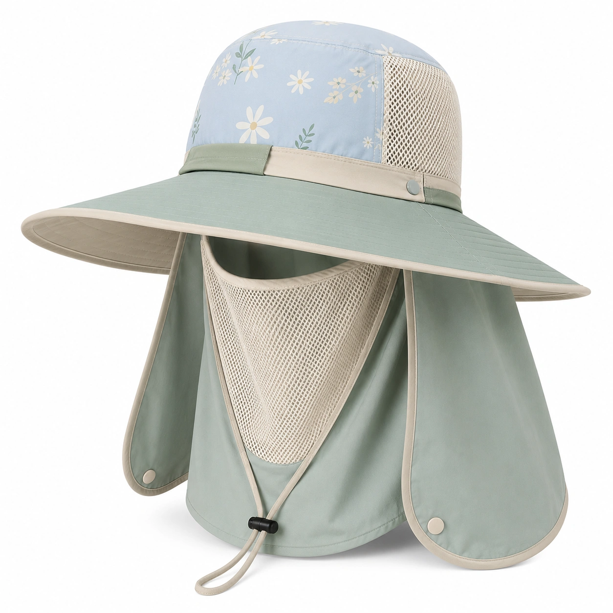 Chapeau de Soleil avec Protection Complète et Motif Floral Vert Clair/Bleu Clair-ulqorvexi