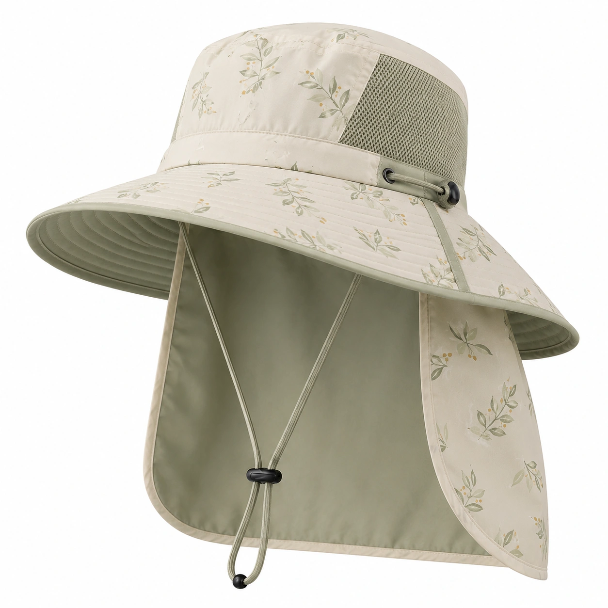 Chapeau de Soleil à Large Bord avec Protection Nuque - Beige à Motif Floral-ulqorvexi