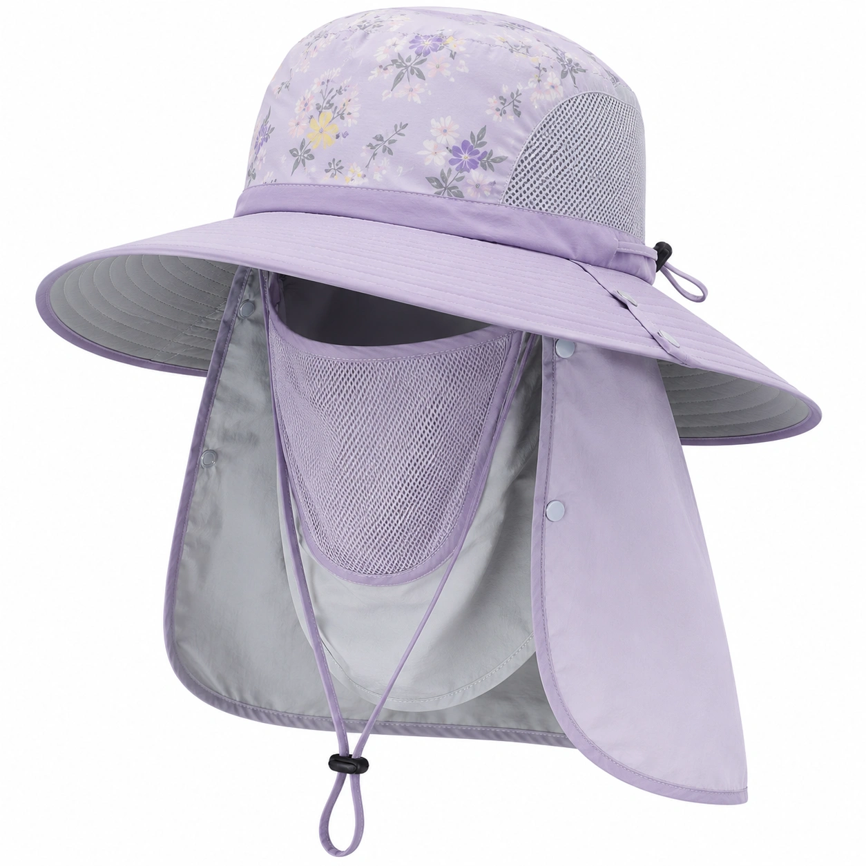 Chapeau de Soleil à Large Bord avec Protection Faciale et Motif Floral Violet-ulqorvexi