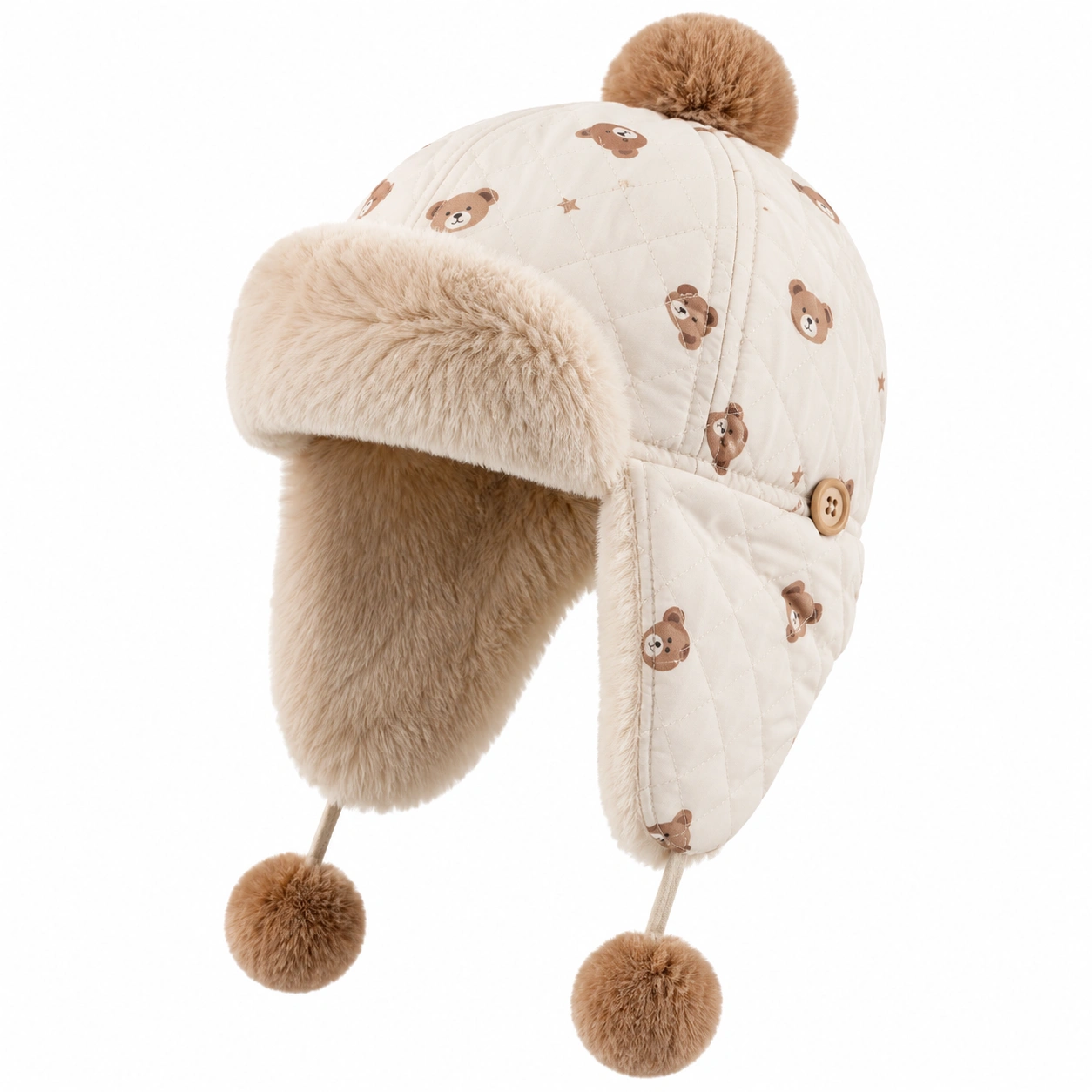 Chapeau d'hiver bébé avec motifs ourson et pompons beiges-ulqorvexi