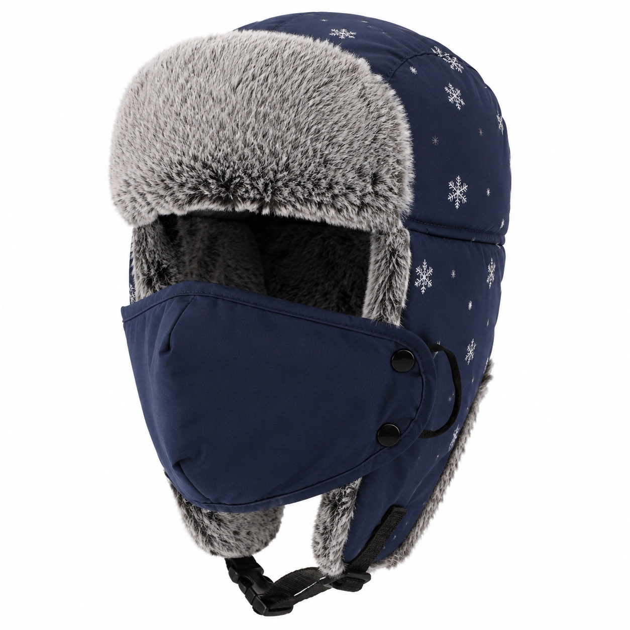 Chapeau Ushanka Hiver avec Flocons de Neige et Masque Amovible Bleu-ulqorvexi