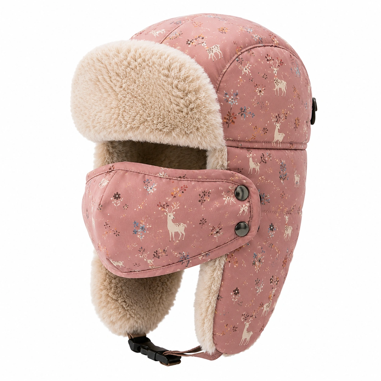 Chapeau Aviateur Rose avec Motif Renne et Doublure Chaude-ulqorvexi