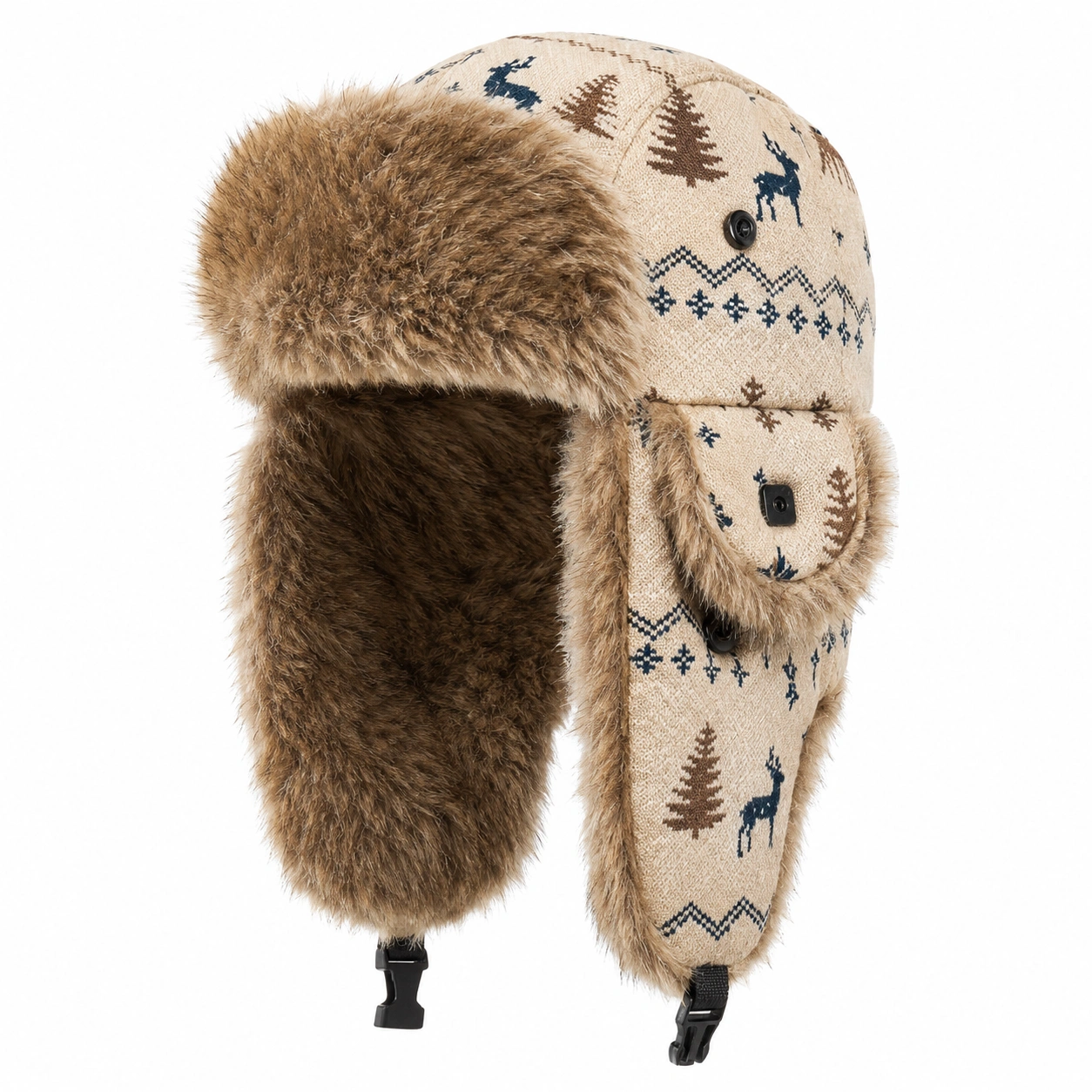 Chapeau Trappeur Hiver Motif Nordique en Beige et Marron-ulqorvexi