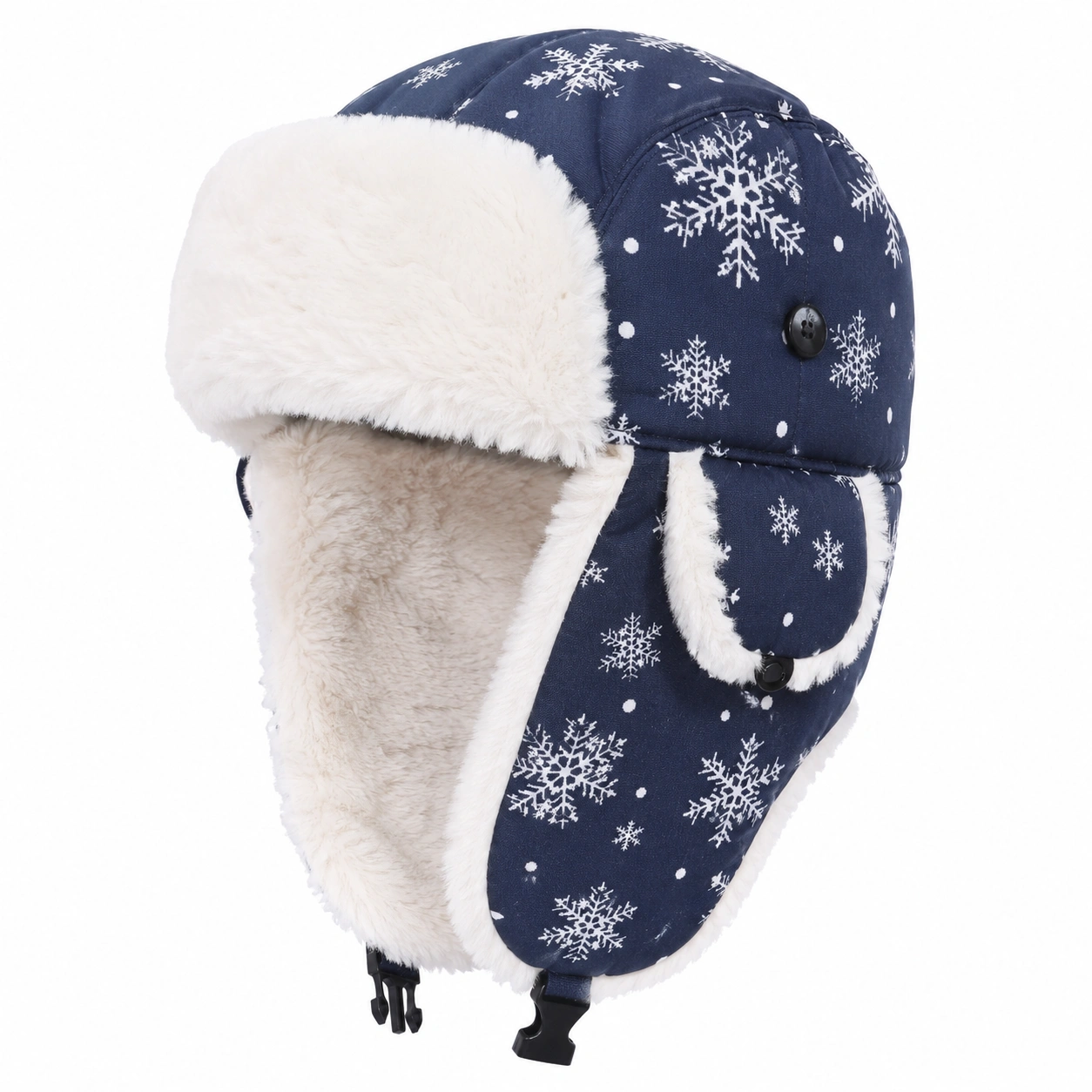 Chapka doublée en fausse fourrure motif flocons de neige bleu et blanc-ulqorvexi