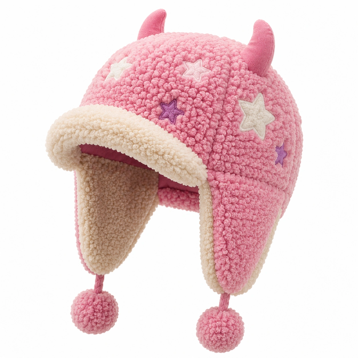 Bonnet d'hiver rose avec oreilles et étoiles pour enfants-ulqorvexi