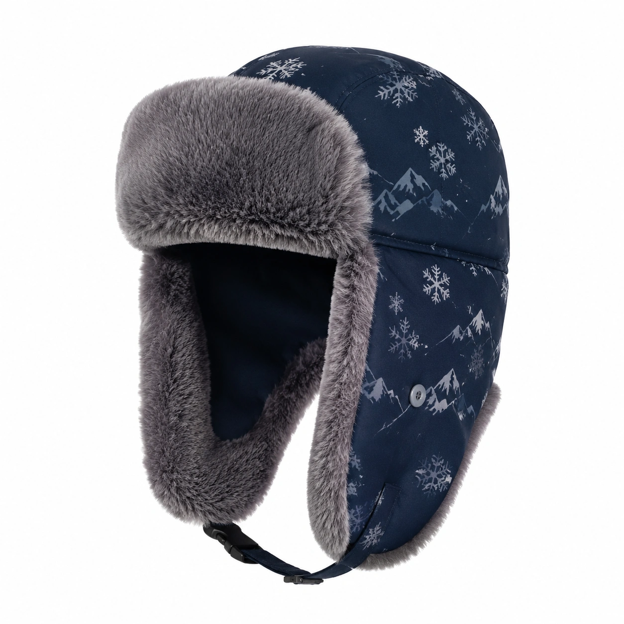 Chapeau Trappeur Hiver Motifs Neige Bleu et Gris-ulqorvexi