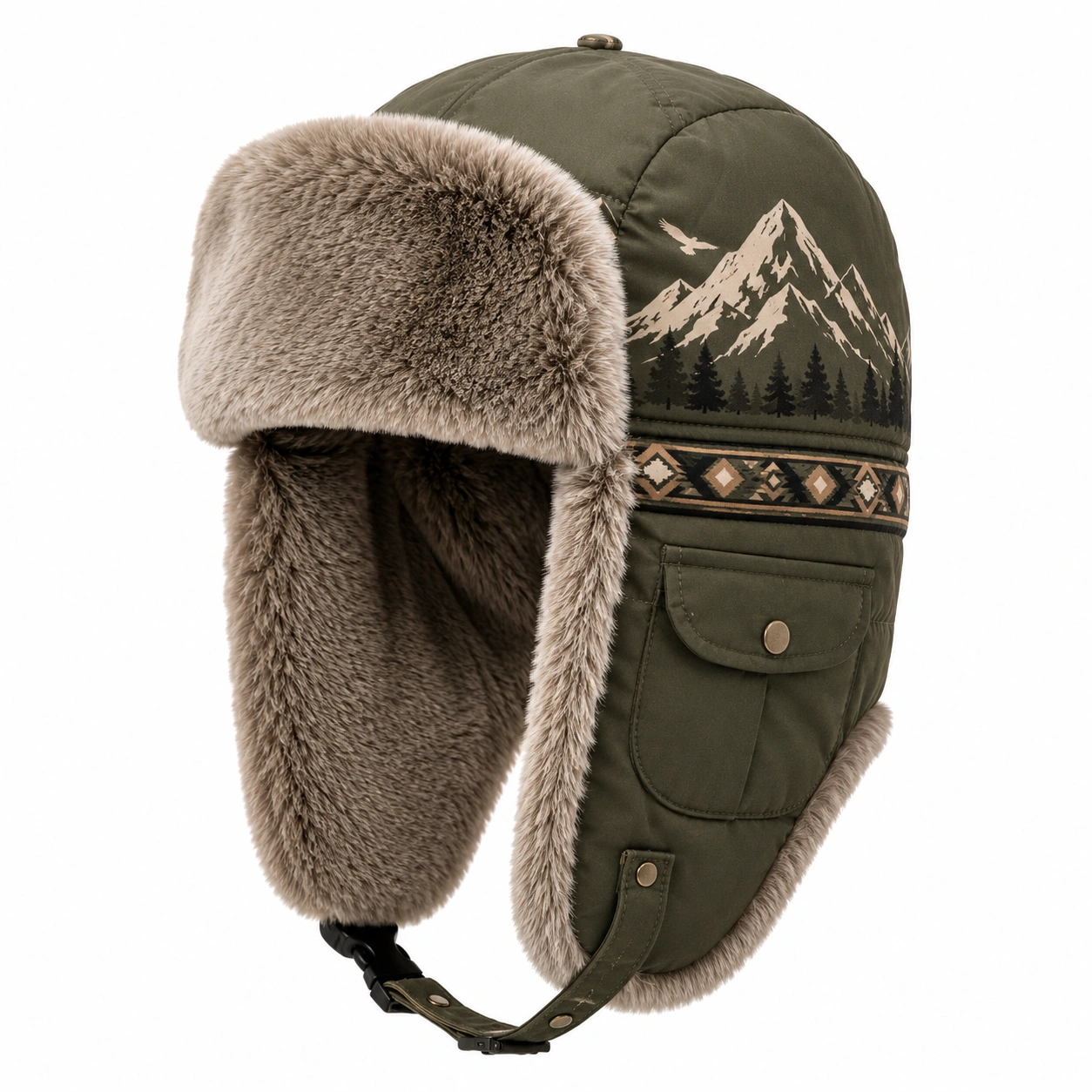 Chapeau Aviateur Hiver Doublure Fourrure Motif Montagne Vert Olive-ulqorvexi
