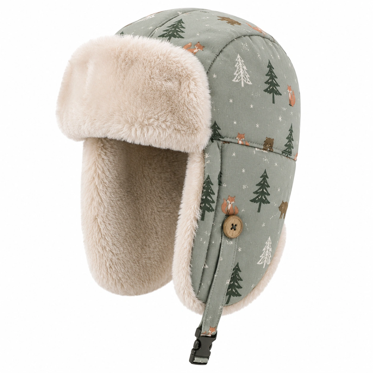 Chapeau Trappeur Enfant Vert Motifs Forêt Doublure Chaude-ulqorvexi