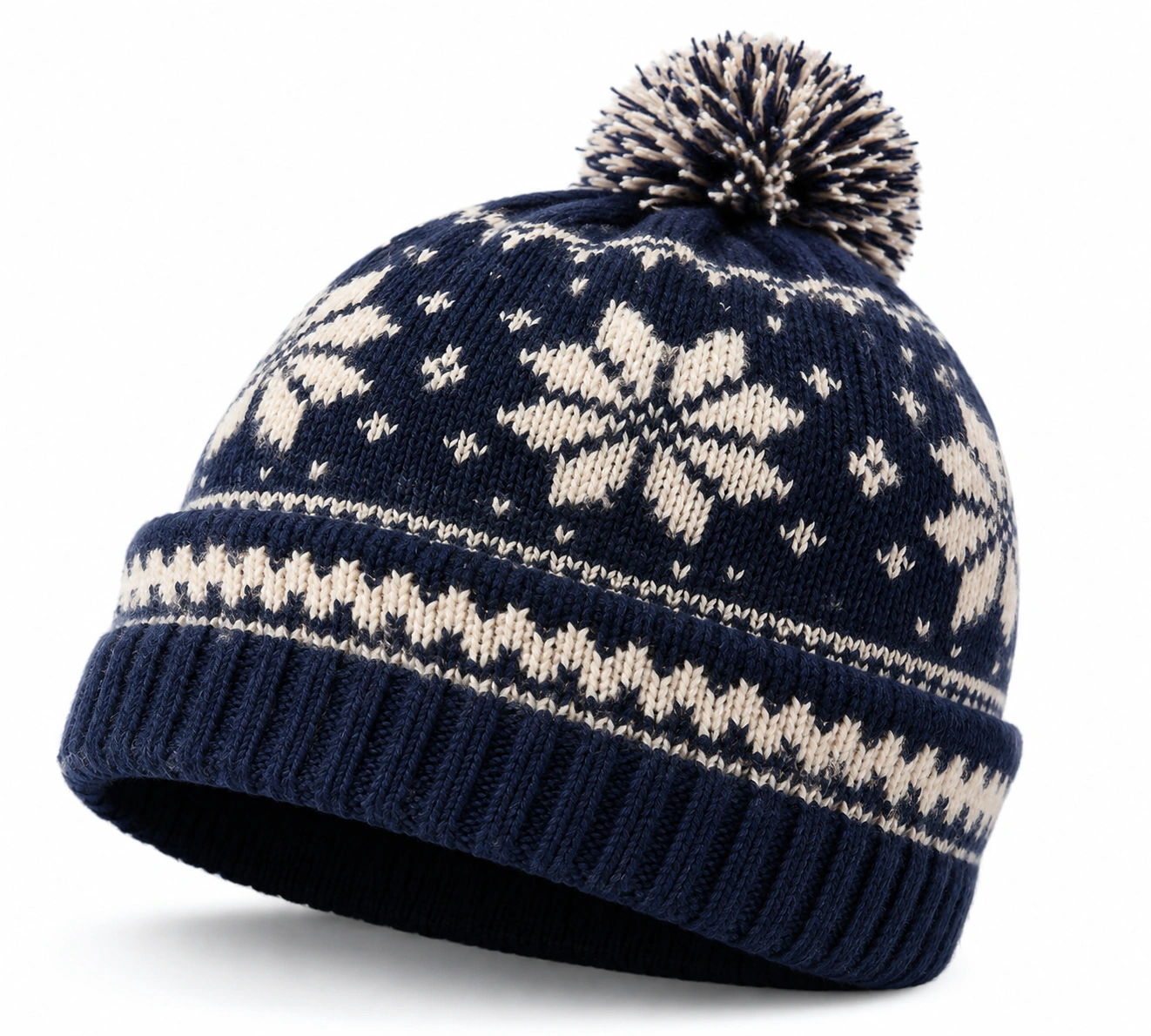 Bonnet d'hiver en tricot avec pompon et motifs flocons bleu marine-ulqorvexi