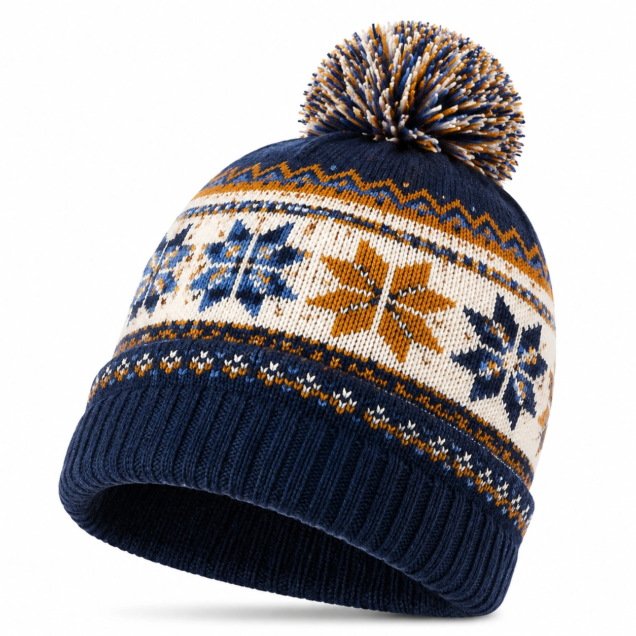 Bonnet tricoté flocon jacquard avec pompon bleu, blanc et marron-ulqorvexi