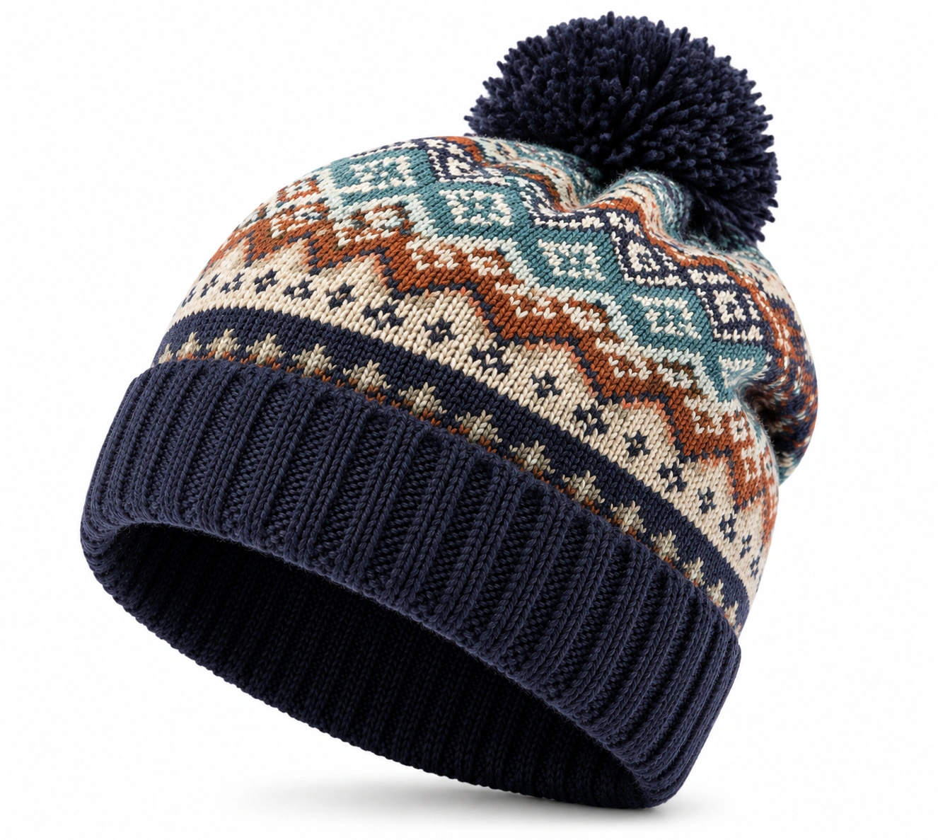 Bonnet en tricot à pompon motif géométrique bleu et multicolore-ulqorvexi