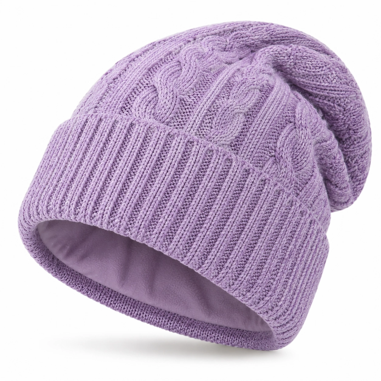 Bonnet à torsades doublé polaire lilas pour adultes-ulqorvexi