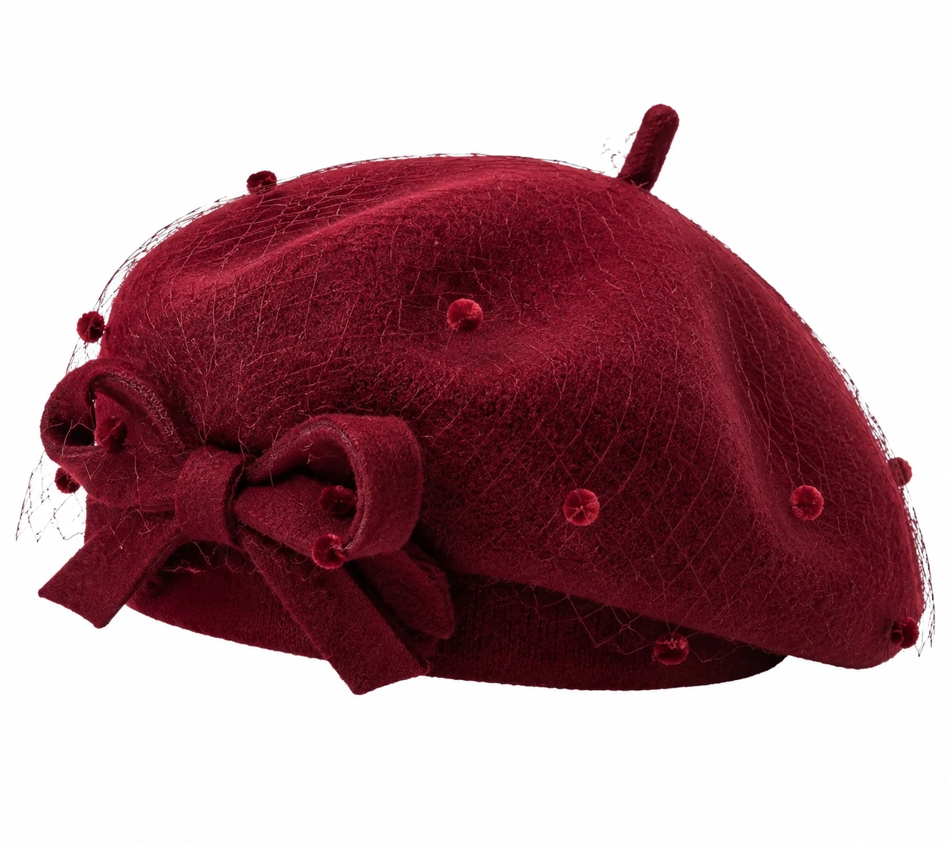 Béret bordeaux avec nœud et voilette décorative-ulqorvexi