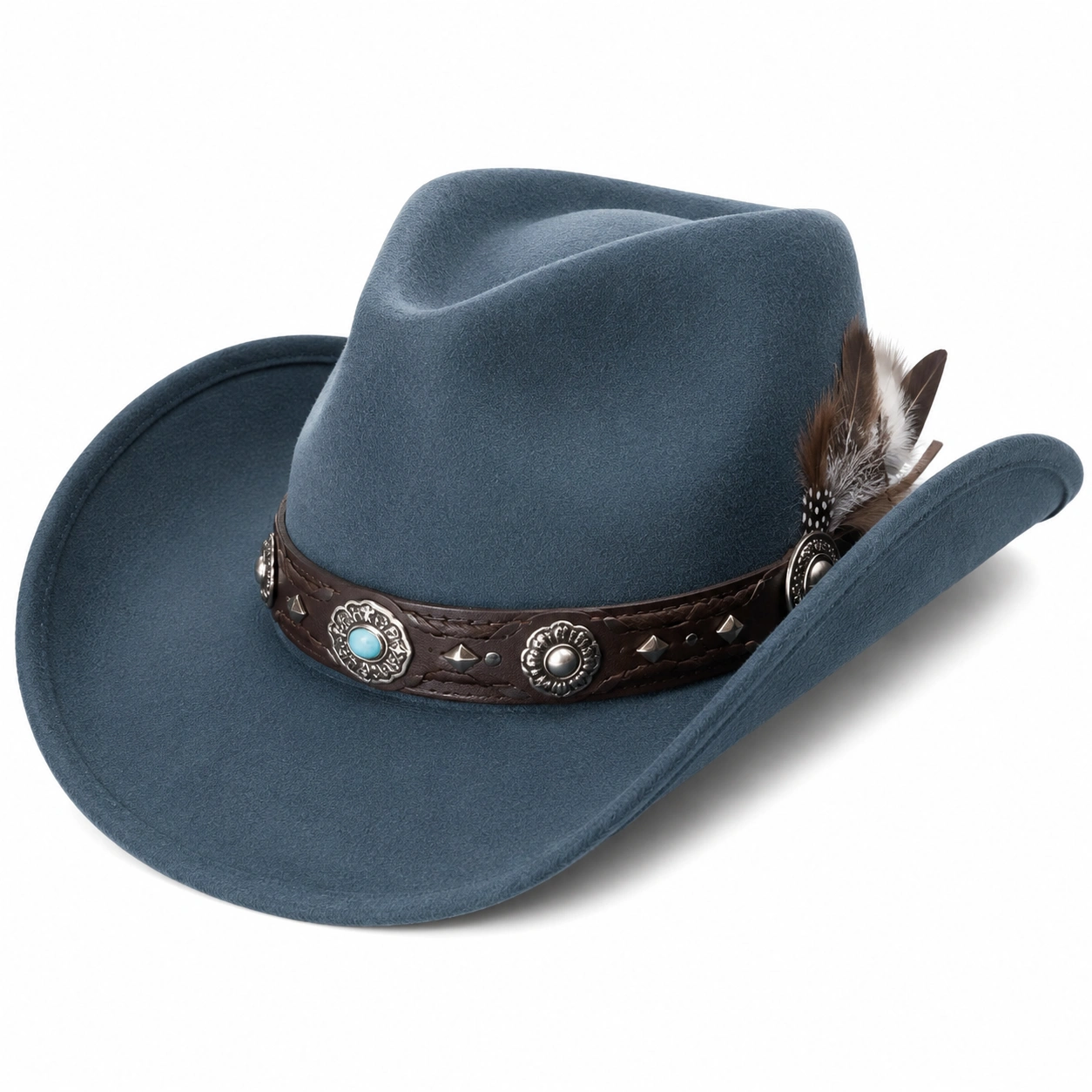 Chapeau Cowboy Bleu avec Plume et Bandeau Ornementé-ulqorvexi