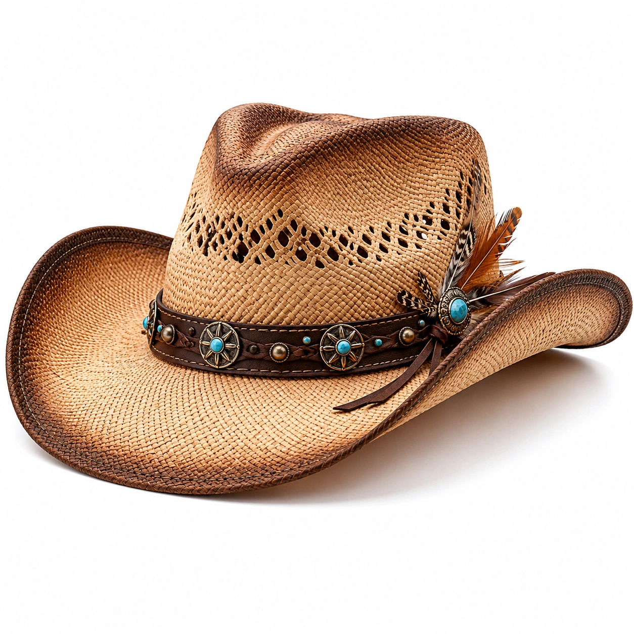 Chapeau Cowboy Western Marron avec Plumes et Pierres Turquoises-ulqorvexi