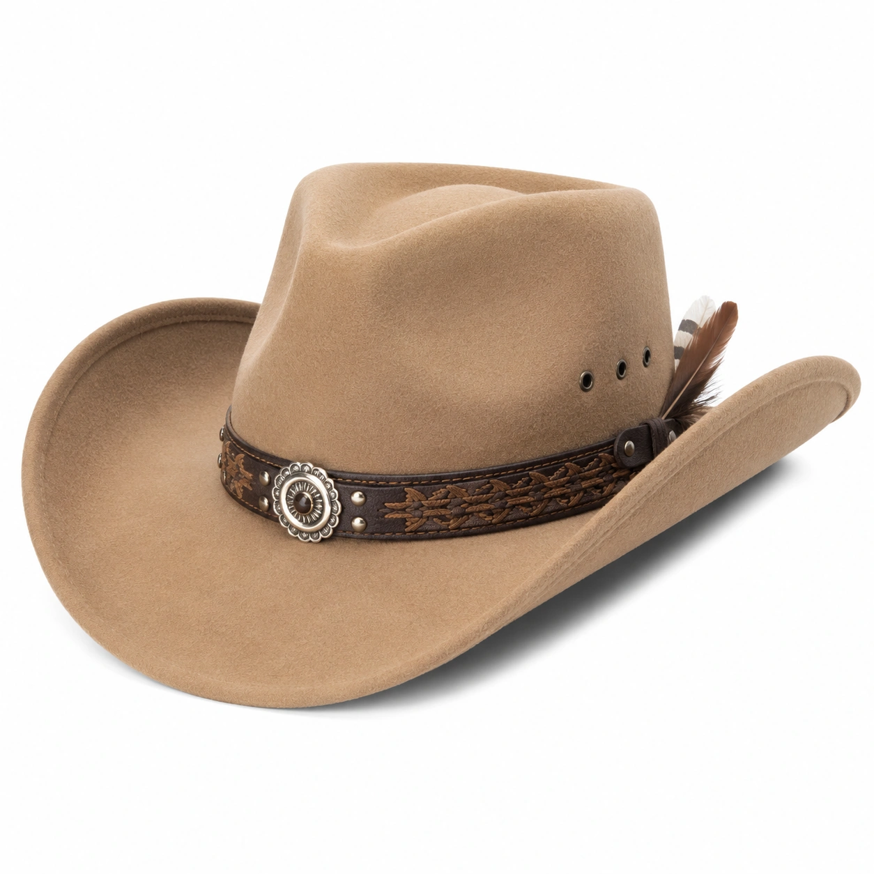 Chapeau Cowboy avec Plume et Bande Ornée - Marron-ulqorvexi