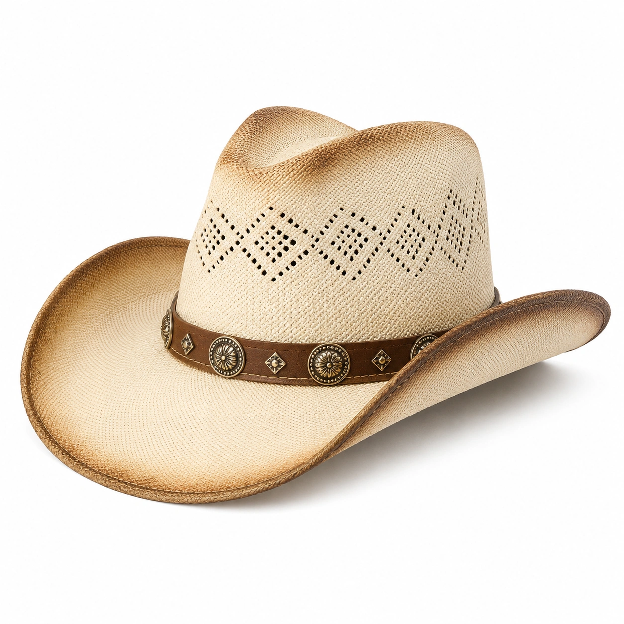Chapeau Cowboy Ventilé avec Bandeau Métallique - Beige/Marron-ulqorvexi