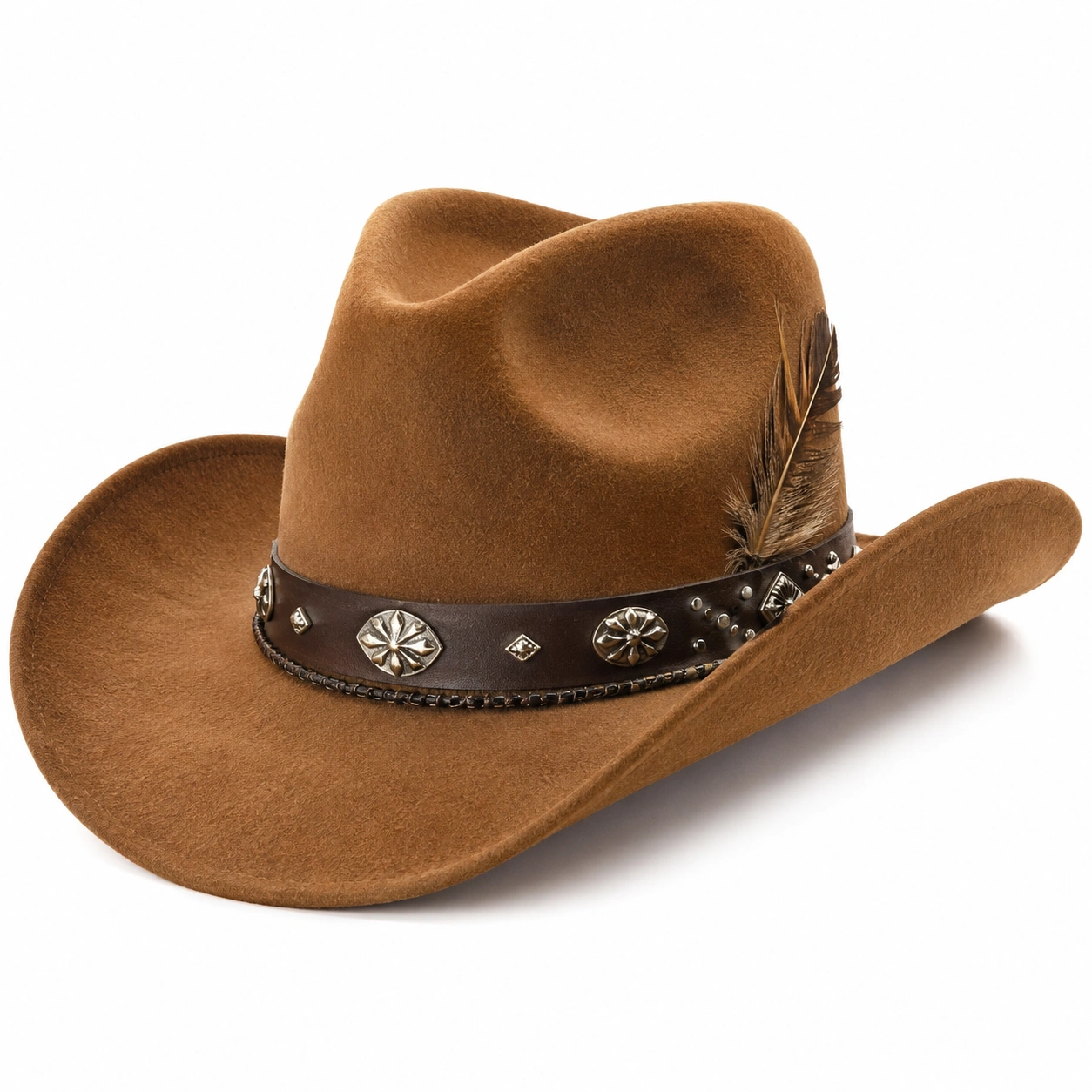 Chapeau Cowboy en Feutre Brun avec Décor Métallique et Plume-ulqorvexi