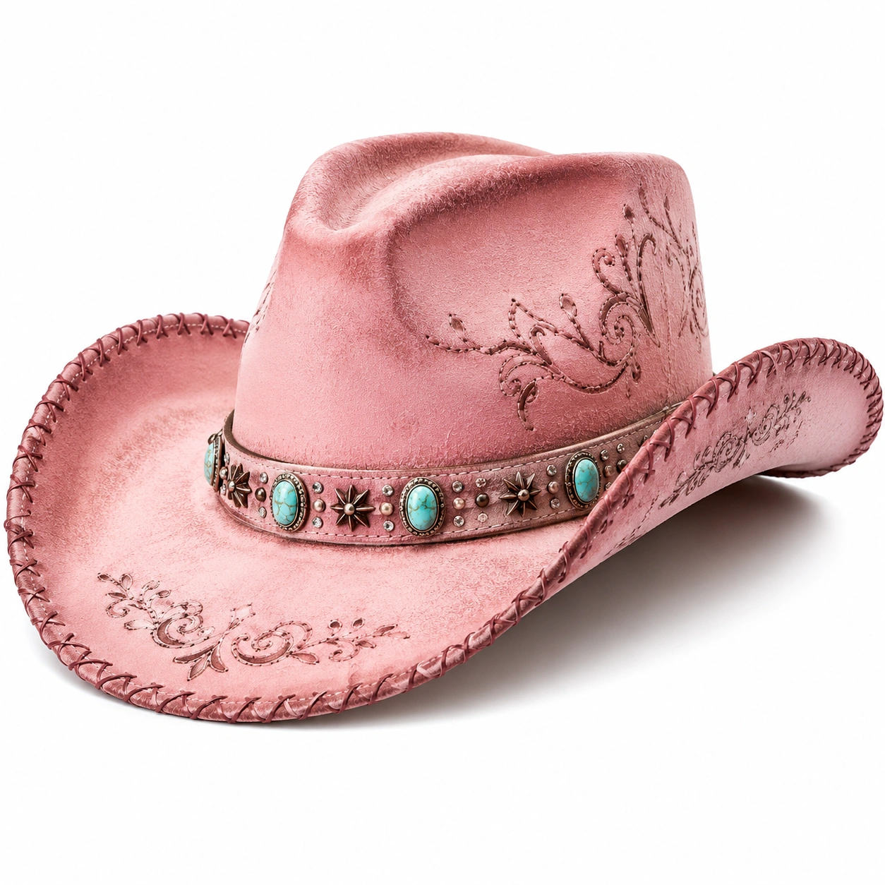 Chapeau western rose avec ornements turquoise-ulqorvexi