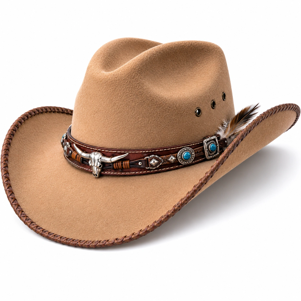 Chapeau Cowboy en Feutre avec Plumes et Ornements Beige-ulqorvexi