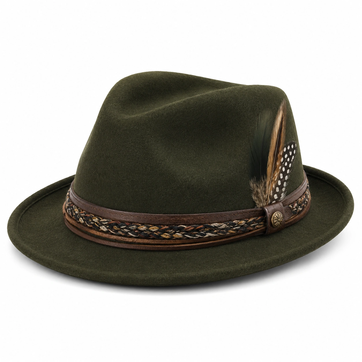 Chapeau Fedora Vert Olive avec Bande Tressée et Plumes-ulqorvexi