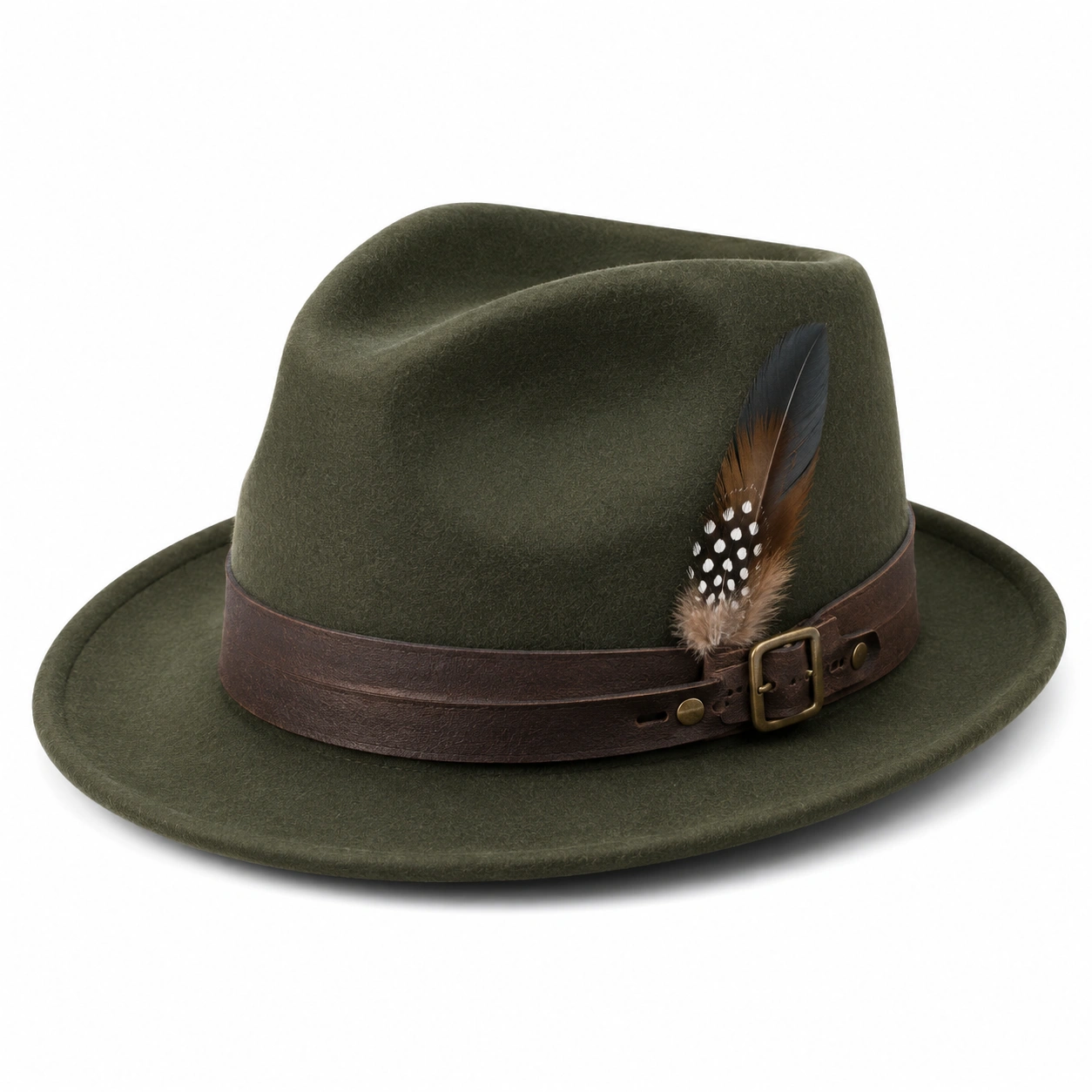 Chapeau Fedora Vert Olive avec Plume et Bande en Cuir-ulqorvexi
