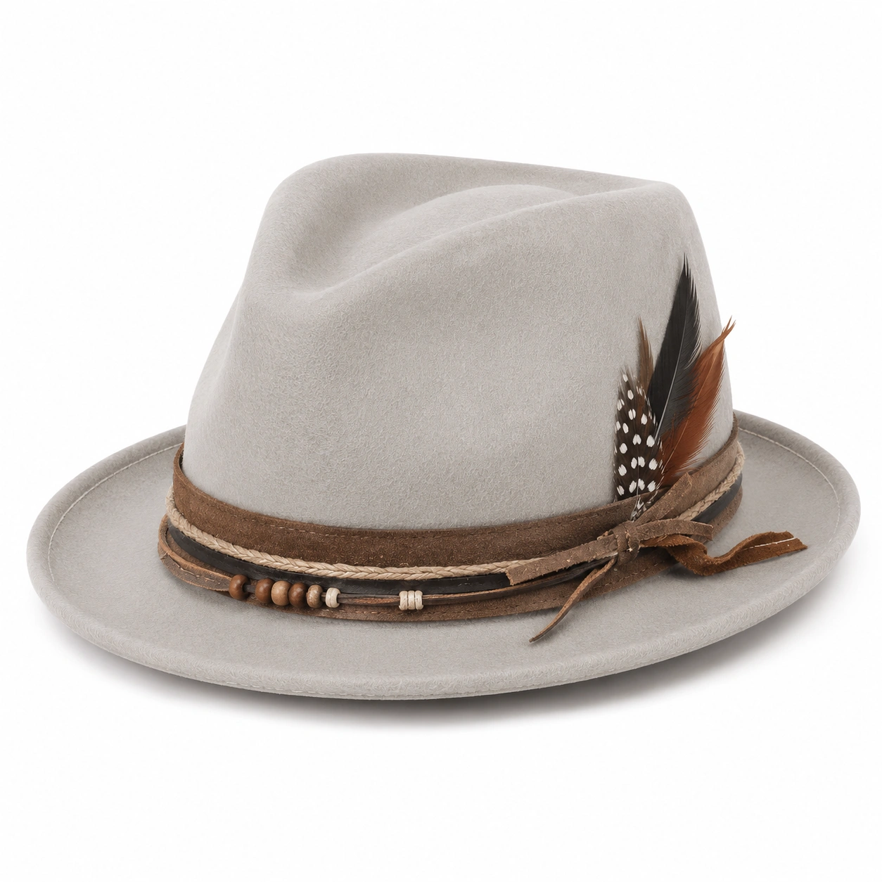 Chapeau Fedora Gris avec Plumes et Détails en Cuir-ulqorvexi