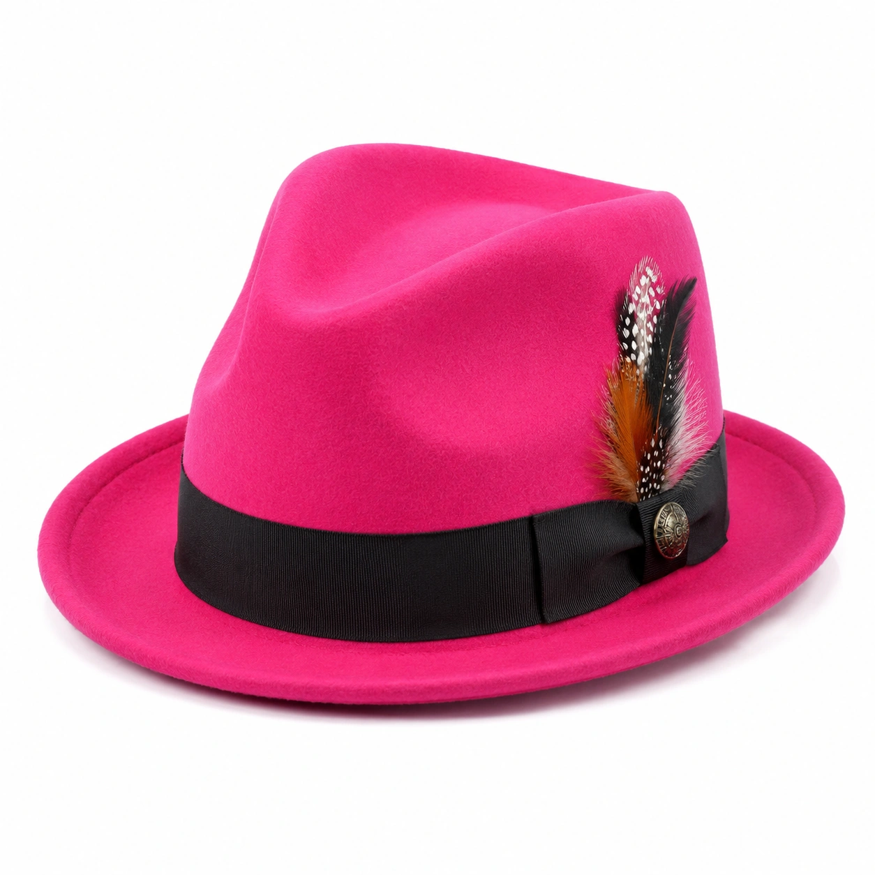 Chapeau Fedora Rose Fuchsia avec Plume Ornementale-ulqorvexi