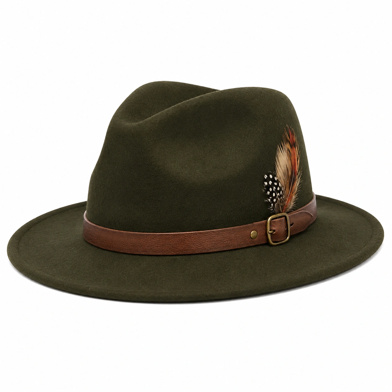 Chapeau Fedora Vert Olive avec Plume et Bande en Cuir-ulqorvexi