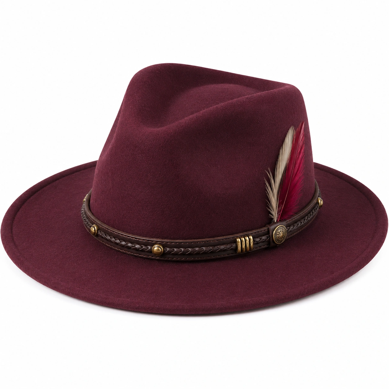 Chapeau fedora bordeaux avec plumes et ceinture en cuir-ulqorvexi