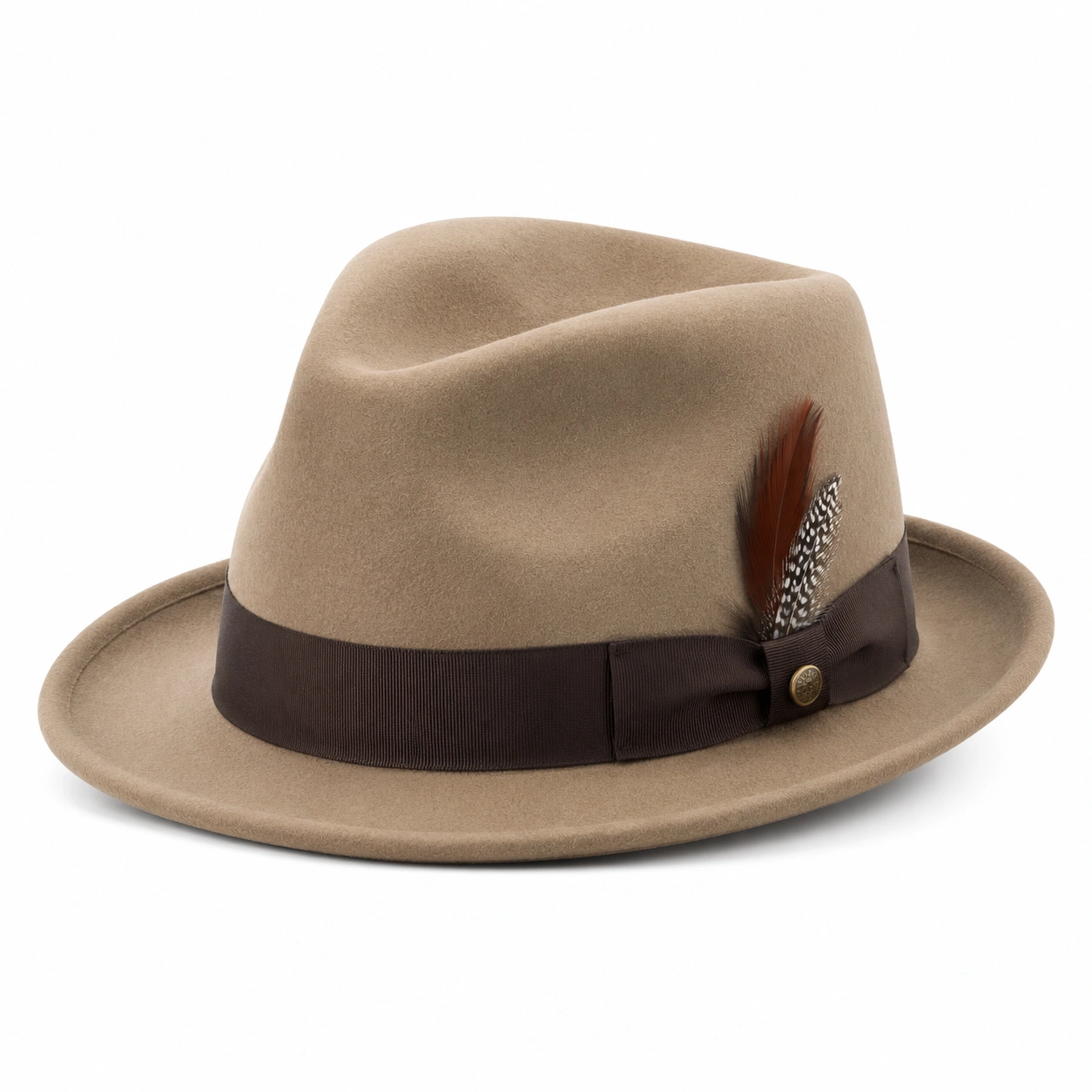 Chapeau Fedora Beige avec Bande Marron et Plume Décorative-ulqorvexi