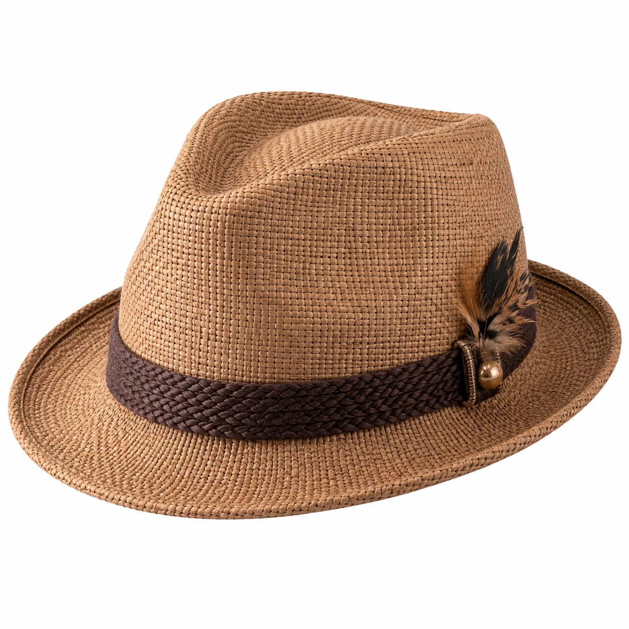 Chapeau Fedora en Paille Beige avec Bandeau Marron et Plume-ulqorvexi