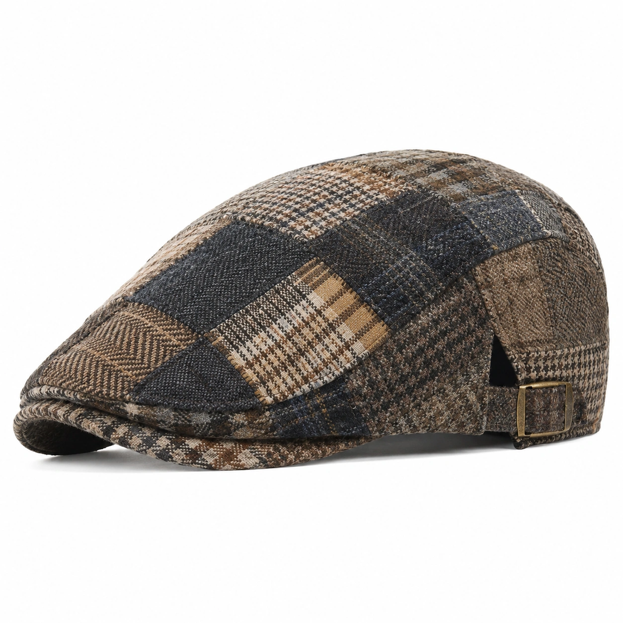 Casquette plate à carreaux marron, beige et bleu avec boucle ajustable-ulqorvexi