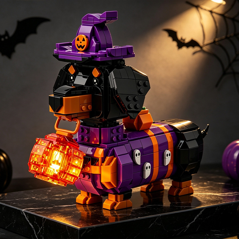 🎃Halloween Light-up Witch Dachshund Building Block Set