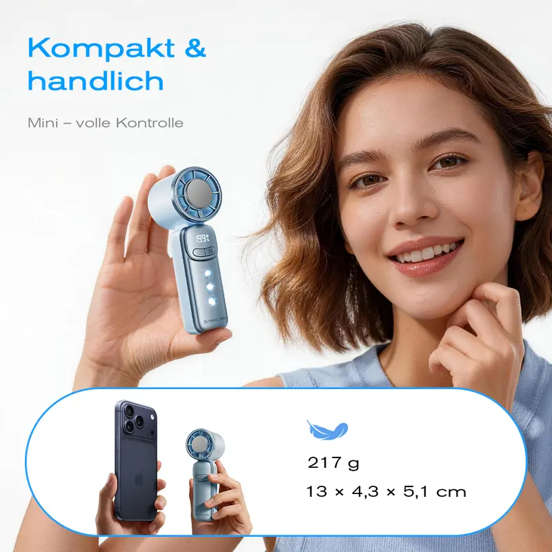 Mini Handventilator 🌀 Stufenlose Kühlung & LED-Display | Perfekt für die Hosentasche, Reisen & Büro